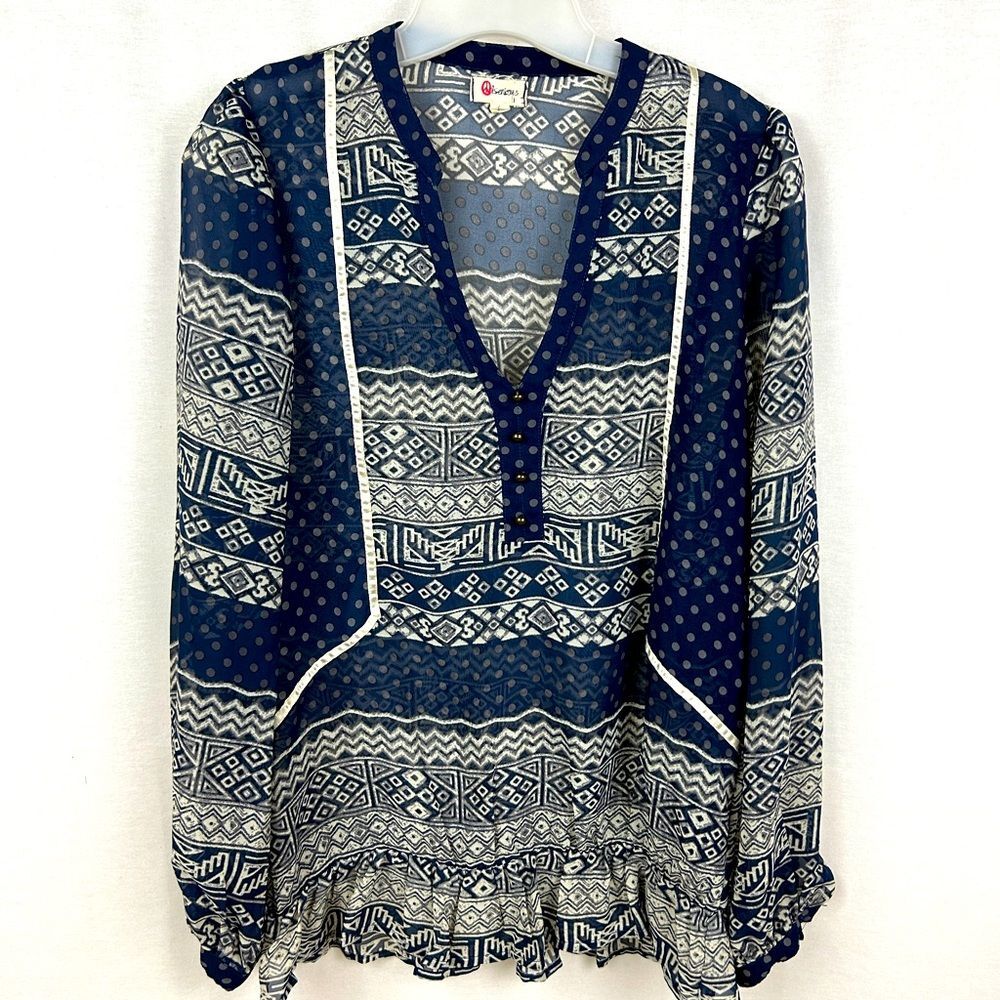 Women’s navy blue boho/Aztec polkadot print long sleeve pullover blouse small